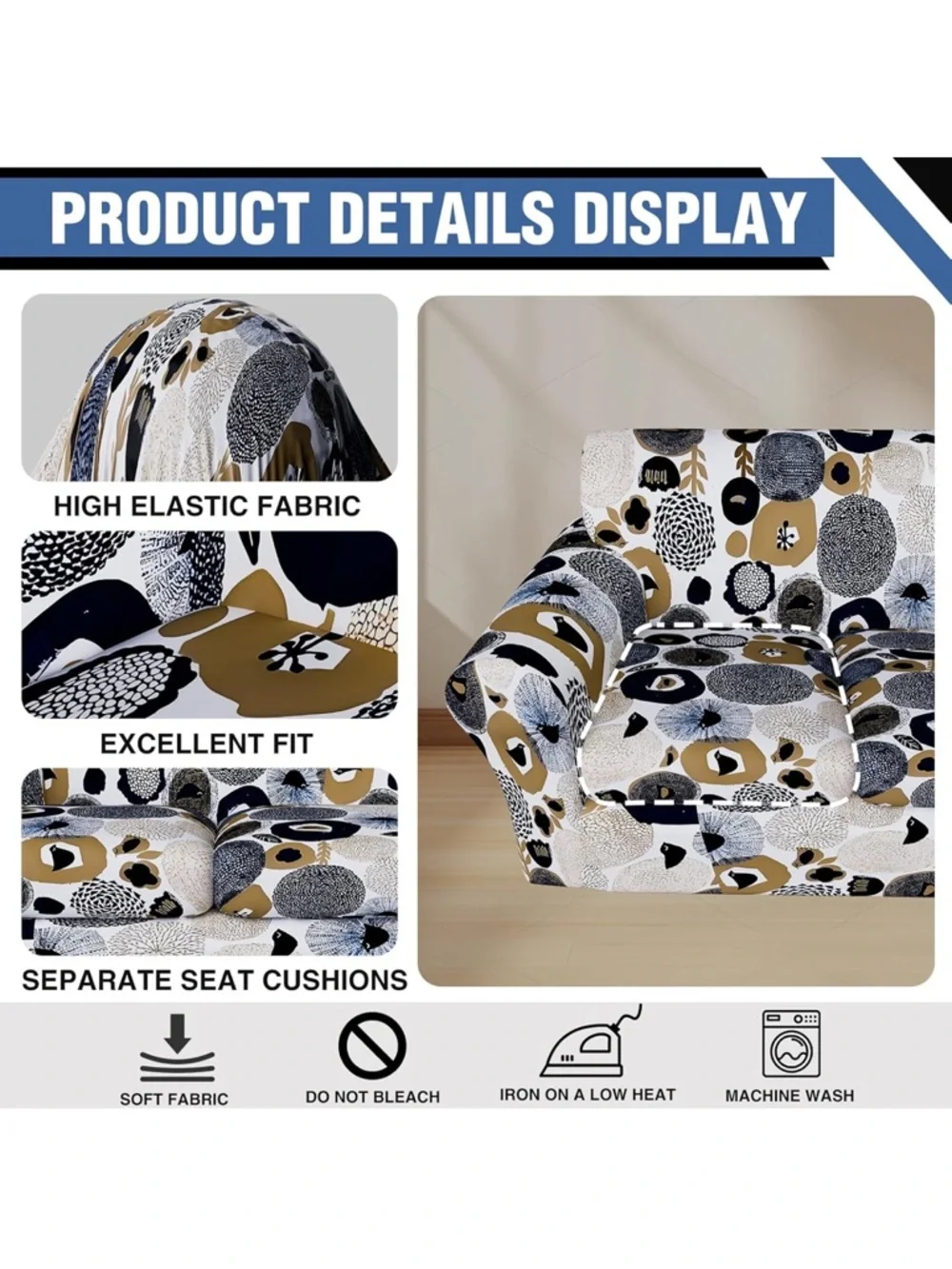 Printed Floral Stretch Sofa Slipcover - Blue & Tan